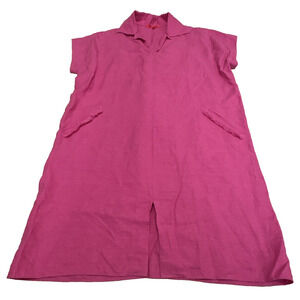 Shamask Women 2 12 14 Shirt Dress 100% Linen Short‎ Sleeve Pockets Pink
